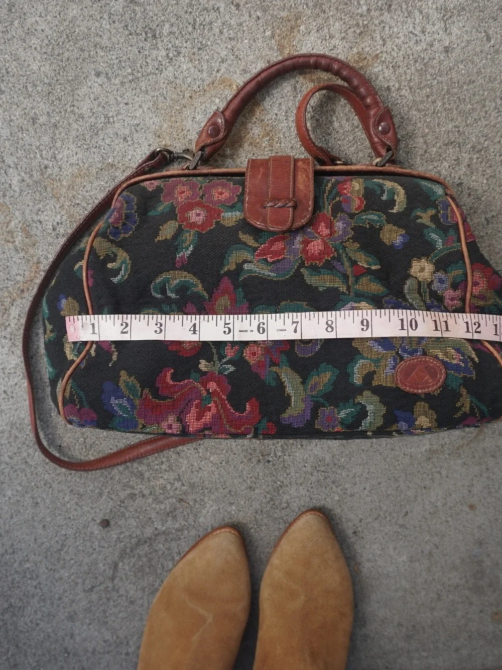 Liz Claiborne Black Floral Tapestry Satchel with Brown Trim small